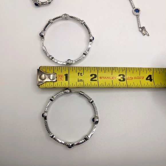 Blue/ Green Gemstone Hoop Earrings, Tennis Bracelet  Ring Matching set S. Silver - Picture 11 of 15